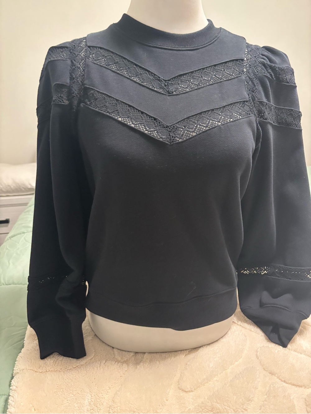 Rails Black Lace-Trim Puff Sleeve Sweatshirt